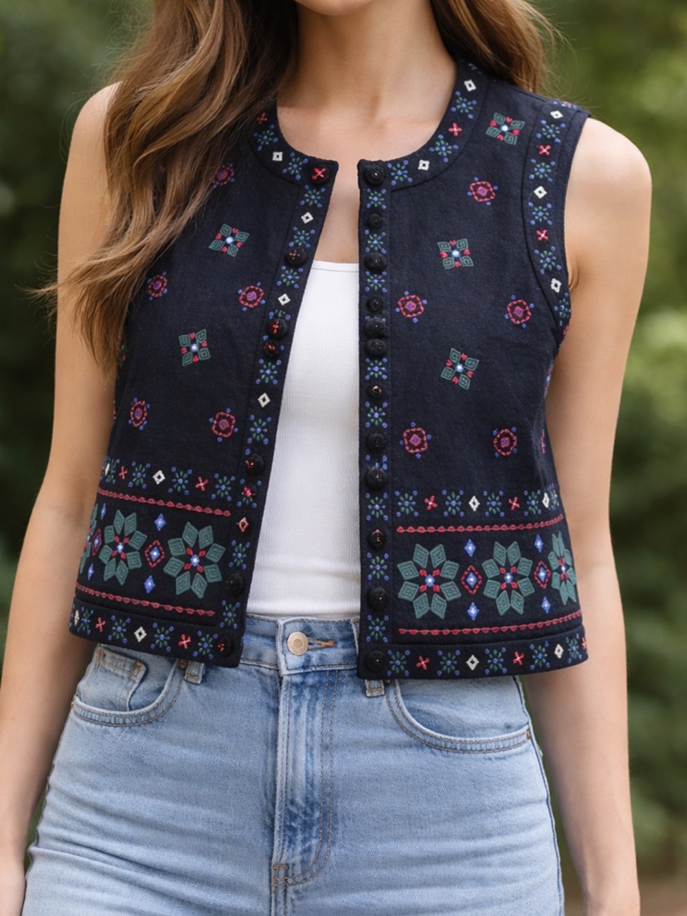 Talbots black sleeveless vest, size S, with colorful embroidery